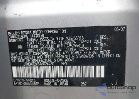 2007 Toyota Rav4 Sport V6 из США, поврежденный, VIN JTMBK32V876024230